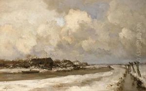 Farmhouses Near A Canal In A Wintry Landscape