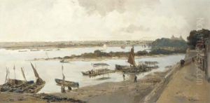 Shipping On The Waal Near Woudrichem With Loevestein Castle In The Distance Shipping On The Waal Near Woudrichem With Loevestein Castle In The Distance