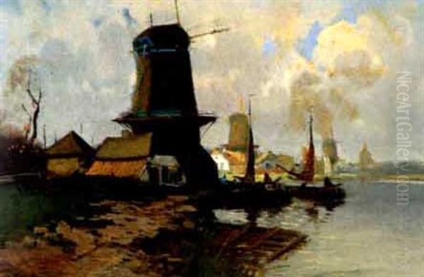 Dutch Canal With Boatmen By A Windmill - view 1