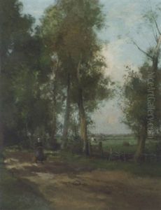A Peasant Woman On A Wooded Path By A Meadow