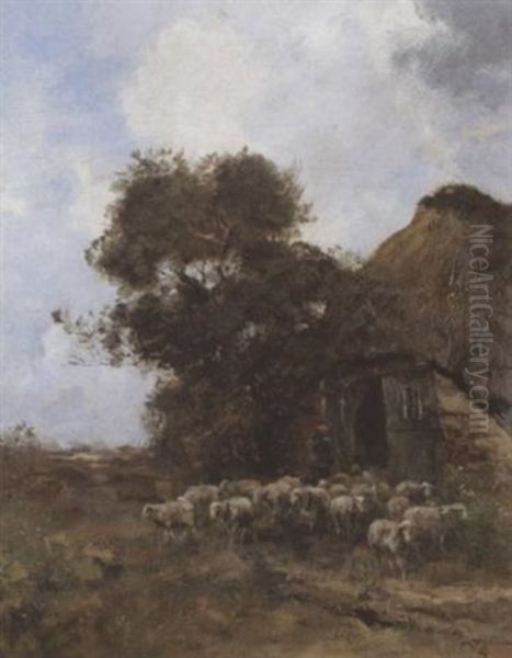 A Drover And Sheep Outside A Barn - view 1