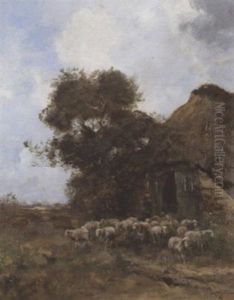 A Drover And Sheep Outside A Barn by Willem George Frederik Jansen