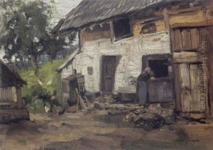 A Peasant Woman Near A Farmhouse, Limburg by Willem George Frederik Jansen