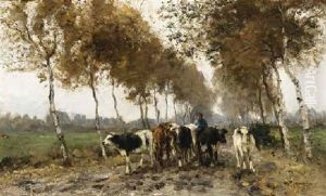 A Farmer And His Cattle On A Country Road by Willem George Frederik Jansen