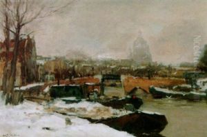 A View Of An Amsterdam Canal In Winter, The Nicolaas Church In The Background by Willem George Frederik Jansen