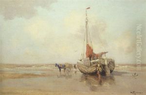 A Bomschuit On The Beach by Willem George Frederik Jansen