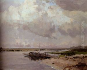 A Ferry In Wessem, Limburg by Willem George Frederik Jansen