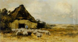 A Shepherd With His Flock On The Moor