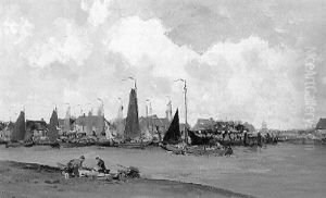 A View Of Breskens With Fishermen On A Quay