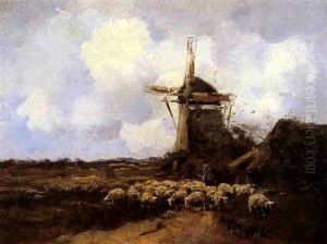 Landscape With Windmill, Sheep And Shepherd by Willem George Frederik Jansen