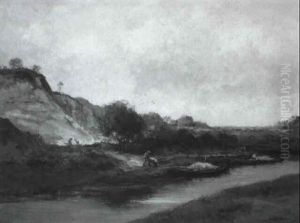 A Sloping River Landscape With Workers At A Sand Pit by Willem George Frederik Jansen