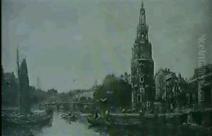 Barges On The Canal, Amsterdam by Willem George Frederik Jansen