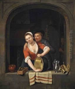 An Amorous Couple In A Window With Earthenware, A Pan And Metal Decanters, A Kitchen Interior With A Figure Behind A Door Beyond