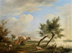 Hollandische Flusslandschaft Mit Hirten Und Herde by Johannes Christiaan Janson