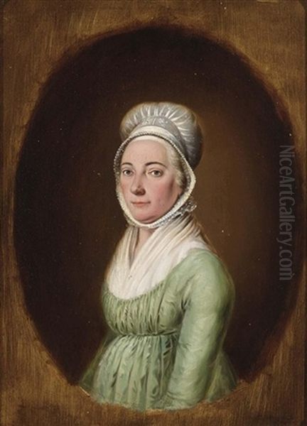 A Portrait Of A Young Lady Wearing A Green Dress And A White Lace Hairdress - view 1
