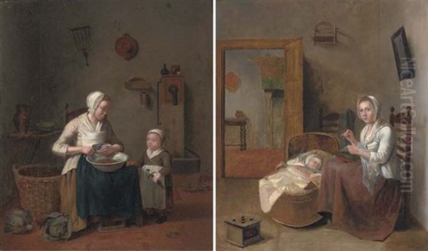 A Mother And Child Preparing Food In A Kitchen Interior (+ A Mother With Her Baby Sewing In An Interior; Pair) - view 1