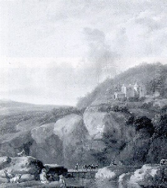 Berglandschap Met Figuren Bij Een Brug - view 1