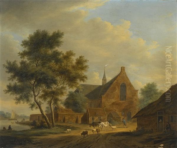 A Drover With Livestock By A Church And A River - view 1