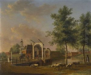 A View Of Hogewoerd City Gate, Leiden, With Figures On The Bridge And A Shepherd With His Flock