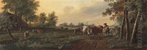 A River Landscape With A Drover And His Cattle, A Windmill Beyond A River Landscape With A Drover And His Cattle, A Windmill Beyond