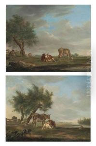 A Wooded Landscape, A Shepherd With Sheep And Cattle By A Pond (+ A Wooded, River Landscape With Cattle, Sheep And A Goat; Pair) by Johannes I Janson