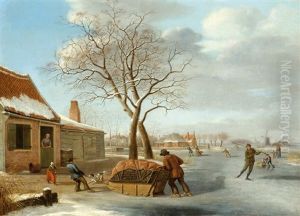 Winter Landscape With Ice Skaters by Johannes I Janson