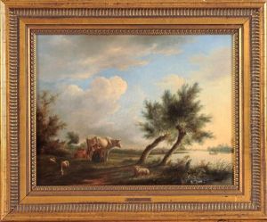 Weite Gewasserlandschaft Mit Melkender Magd, Rastenden Kuhen Und Schafen