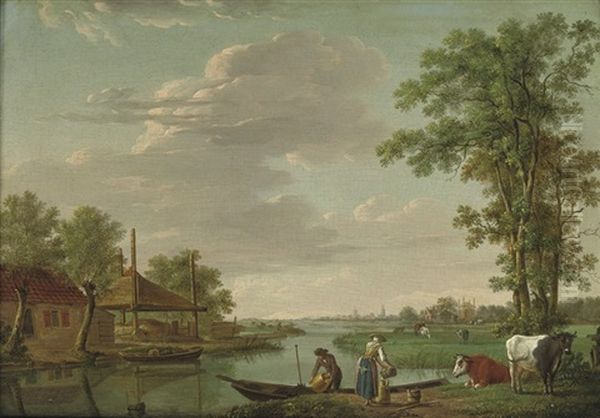 A River Landscape With Figures By An Embankment - view 1