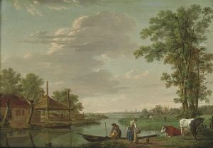 A River Landscape With Figures By An Embankment