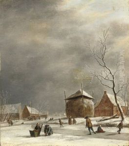 A Winter Landscape With Skaters On A Frozen River Near A Haystack