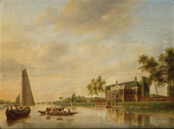 A River Landscape Near Leiden With A Sailingboat And A Rowing Boat Transporting Cattle To A Mansion - view 1