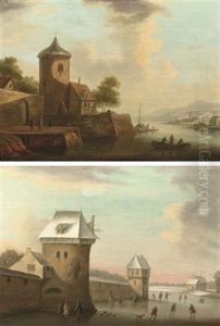 A River Landscape With A Walled Town, A Ferry And A Village In The Distance (+ A Winter Landscape With Figures Skating On A Frozen River By Fortifications; Pair) by Johannes I Janson