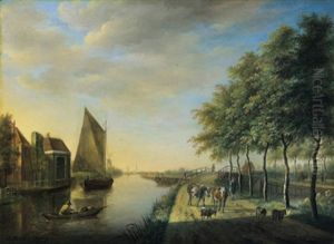 Hollandische Flusslandschaft Mit Booten Und Einer Herde by Johannes I Janson