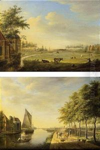 A View Of A Canal With Boats By A Village And A Shepherd With His Cattle On A Path (+ An Extensive Landscape With A Woman Milking A Cow, With Cattle And Horses In A Meadow; Pair) by Johannes I Janson