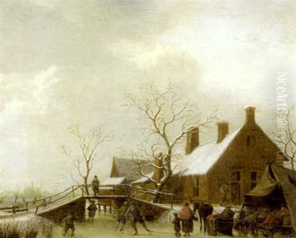 A Winter Scene With Figures Skating And Carousing By A Tent In The Foreground - view 1