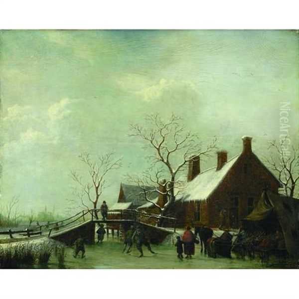 A Winter Scene With Figures Skating And Carousing By A Tent In The Foreground - view 1