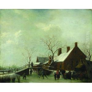 A Winter Scene With Figures Skating And Carousing By A Tent In The Foreground by Johannes I Janson