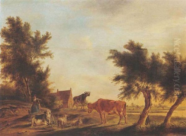 A Landscape With Cows And Sheep In A Meadow And A Milkmaid And A Farm Nearby - view 1