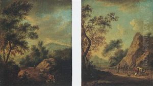 Mountainous Landscape With Drovers, Cattle And Sheep Upon A Track Before A Watering Pool