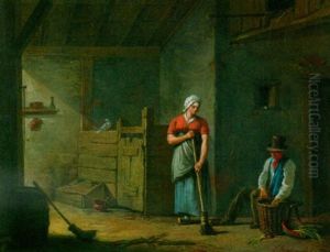 A Man And A Woman Cleaning The Interior Of A Barn