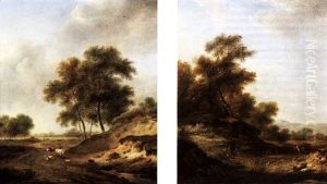 A Dune Landscape With A Figure Herding Cattle And Sheep