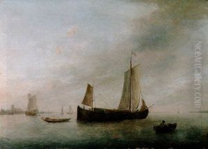 An Aak Sailing Before The Wind On A River Estuary At Dawn by Johannes I Janson