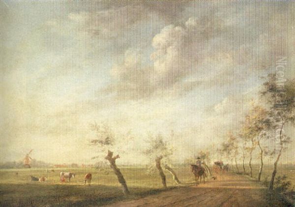 A Landscape With Travellers On A Path Lined With Trees And Cows In A Field - view 1