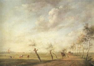 A Landscape With Travellers On A Path Lined With Trees And Cows In A Field A Landscape With Travellers On A Path Lined With Trees And Cows In A Field