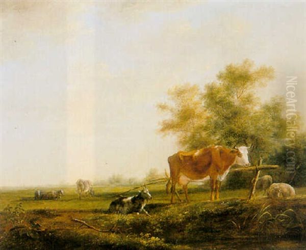 Cows, Sheep And A Goat In A Meadow - view 1