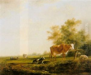 Cows, Sheep And A Goat In A Meadow by Johannes I Janson