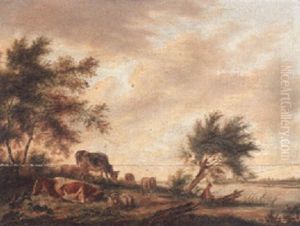 Cattle And Sheep Grazing On A River Bank By A Fisherman
