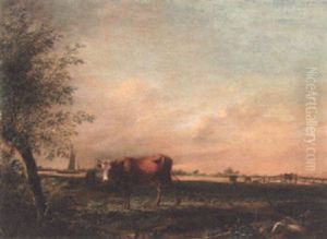 A Cow And Sheep In A Meadow, A Canal Beyond A Cow And Sheep In A Meadow, A Canal Beyond