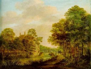 A View Of A Building On A Canal With Figures On A Wooded Path