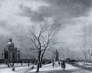 A View Of The Muiderpoort, Amsterdam, In Water, With Skates On The Frozen Singelgracht And A Horse Darwn Carriage On The Road